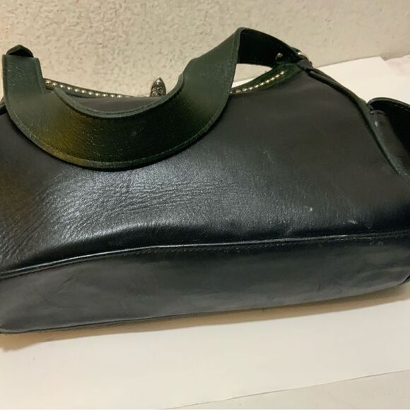 American West Black Hair-On Cowtown Green Tooled Leather Zip-Top Shoulder Bag - Picture 6 of 15